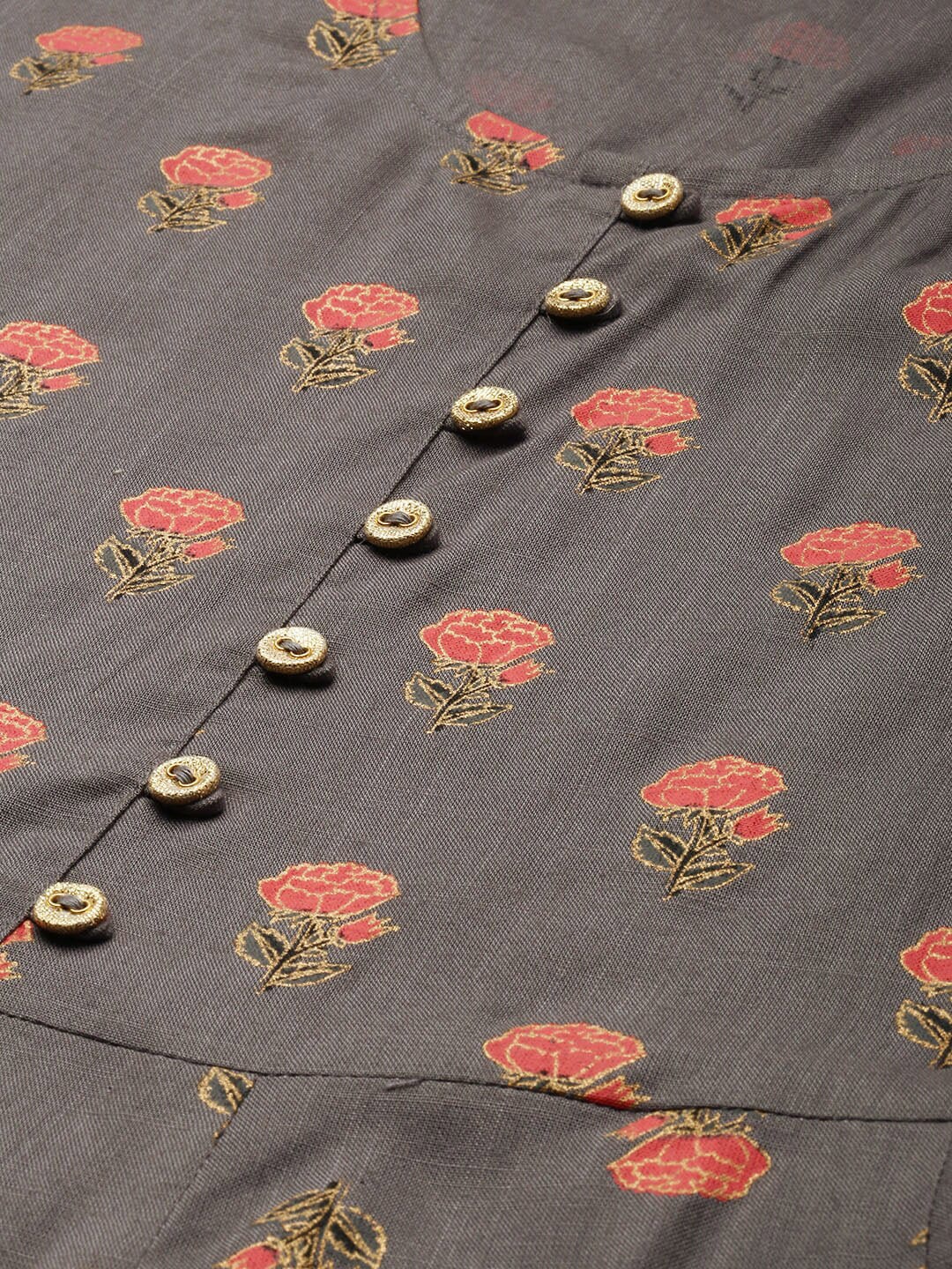 HERE&NOW Women Grey & Peach-Colored Floral Printed Kurta With Sharara With Dupatta