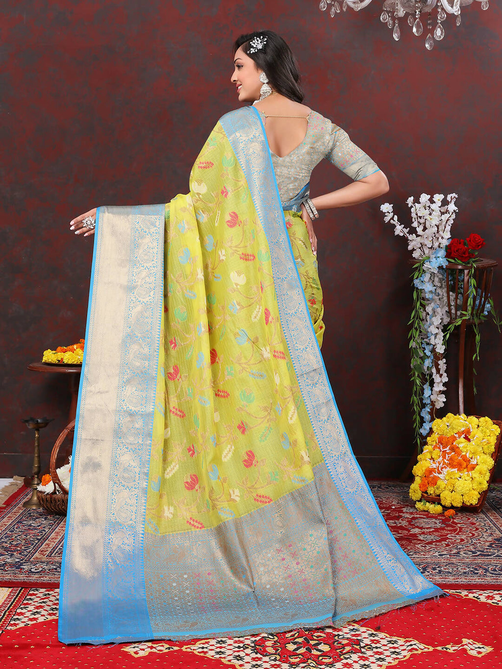 Lorenvalley Fashion Yellow Cotton Woven Design Zari Meenakari Weaving Saree