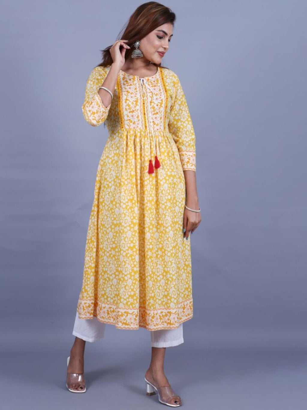 HERE&NOW Women Yellow Floral Printed Sequined A-Line Kurta with Trousers