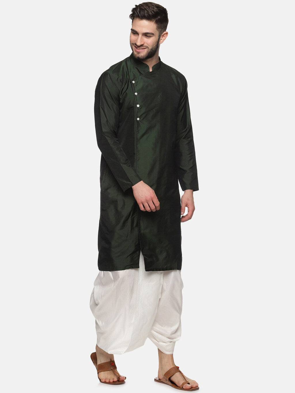 Sethukrishna Men Green Angrakha Kurta with Dhoti Pants