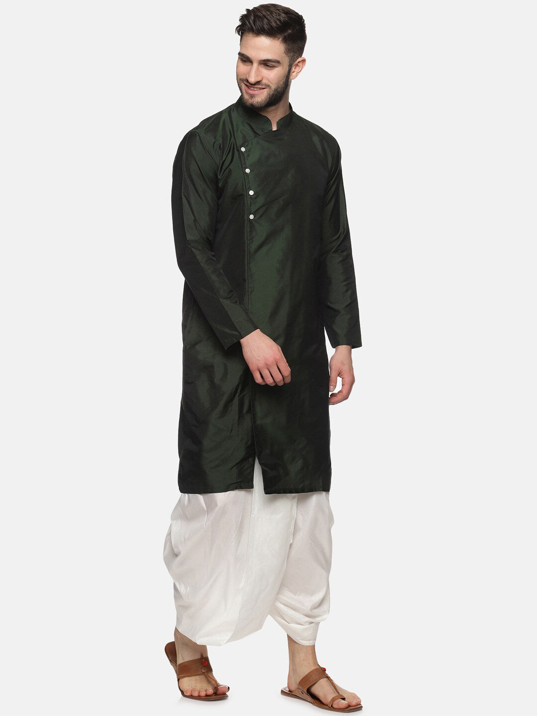 Sethukrishna Men Green Angrakha Kurta with Dhoti Pants