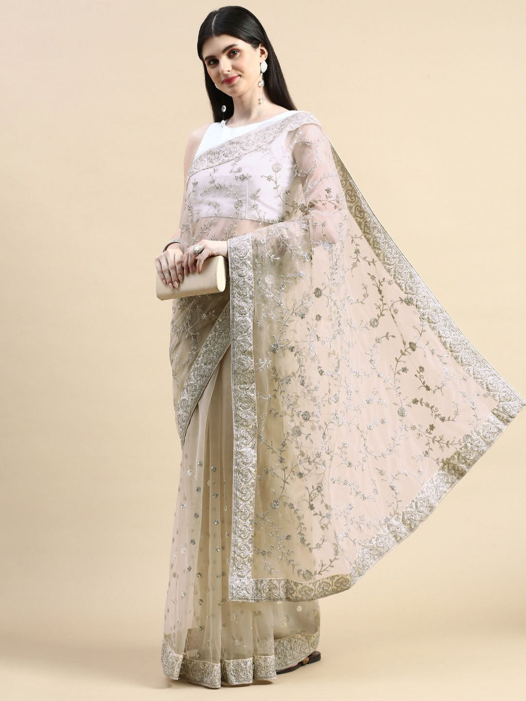 kasee Floral Embroidered Sequinned Net Saree