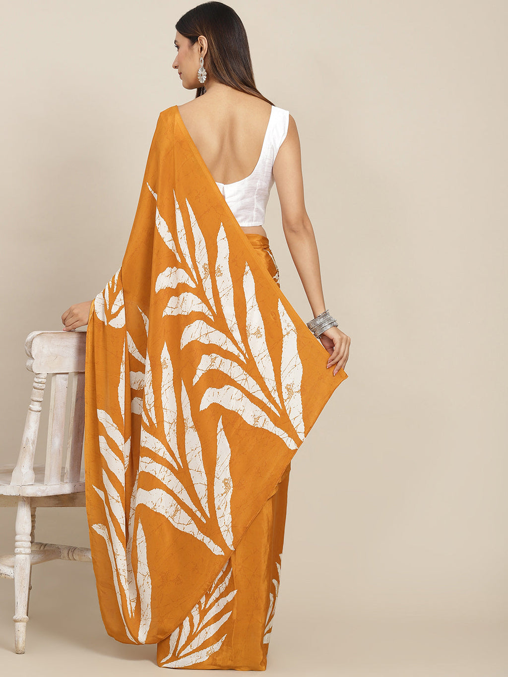 Tikhi Imli Mustard & White Floral Print Satin Saree