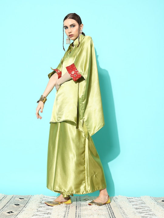 InWeave Women's Olive Red Brocade Satin Boho Kurta Palazzo Set