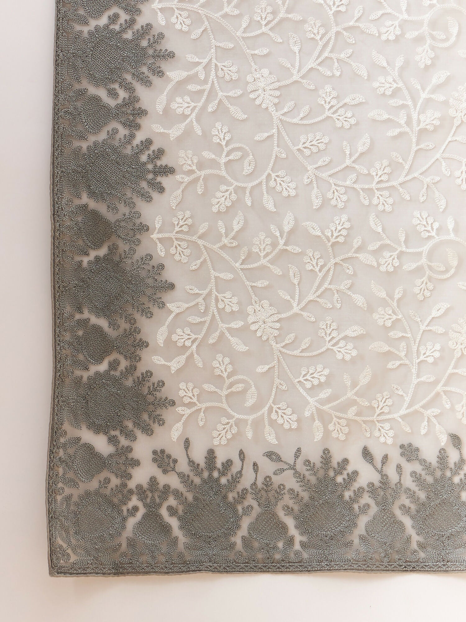 Grey Organza Floral Embroidered Saree with Unstitched Blouse Piece - Roozal
