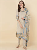 HERE&NOW Women Beige Printed Pure Cotton Kurta with Churidar & With Dupatta