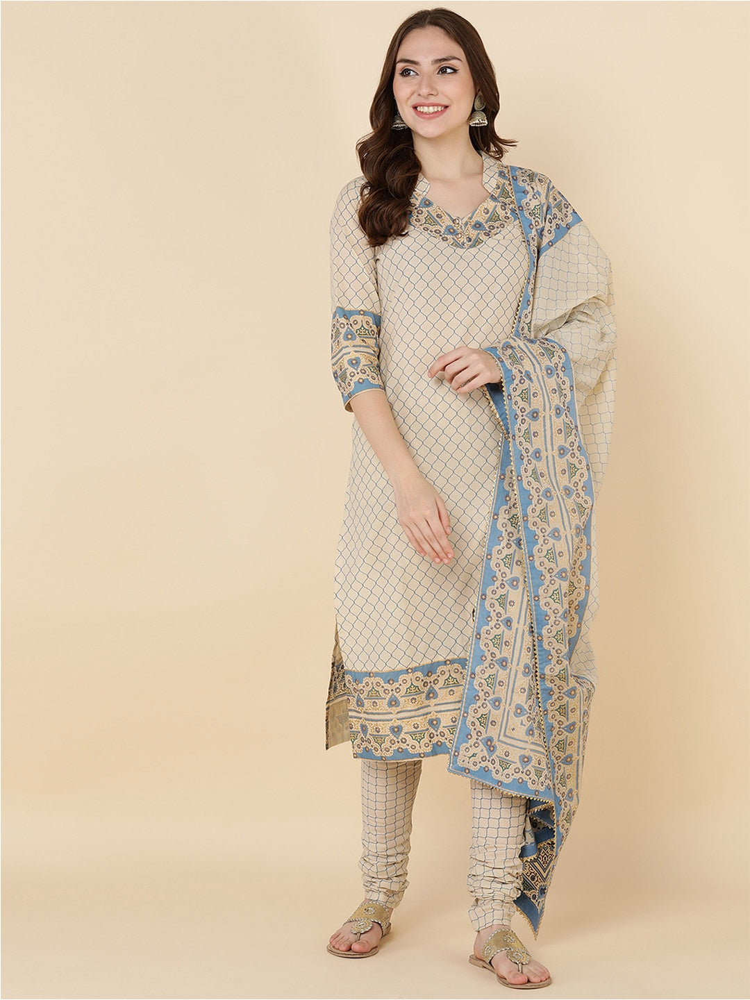 HERE&NOW Women Beige Printed Pure Cotton Kurta with Churidar & With Dupatta