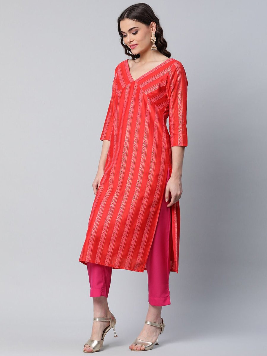 Ahalyaa Women Red Striped Kurta with Trousers