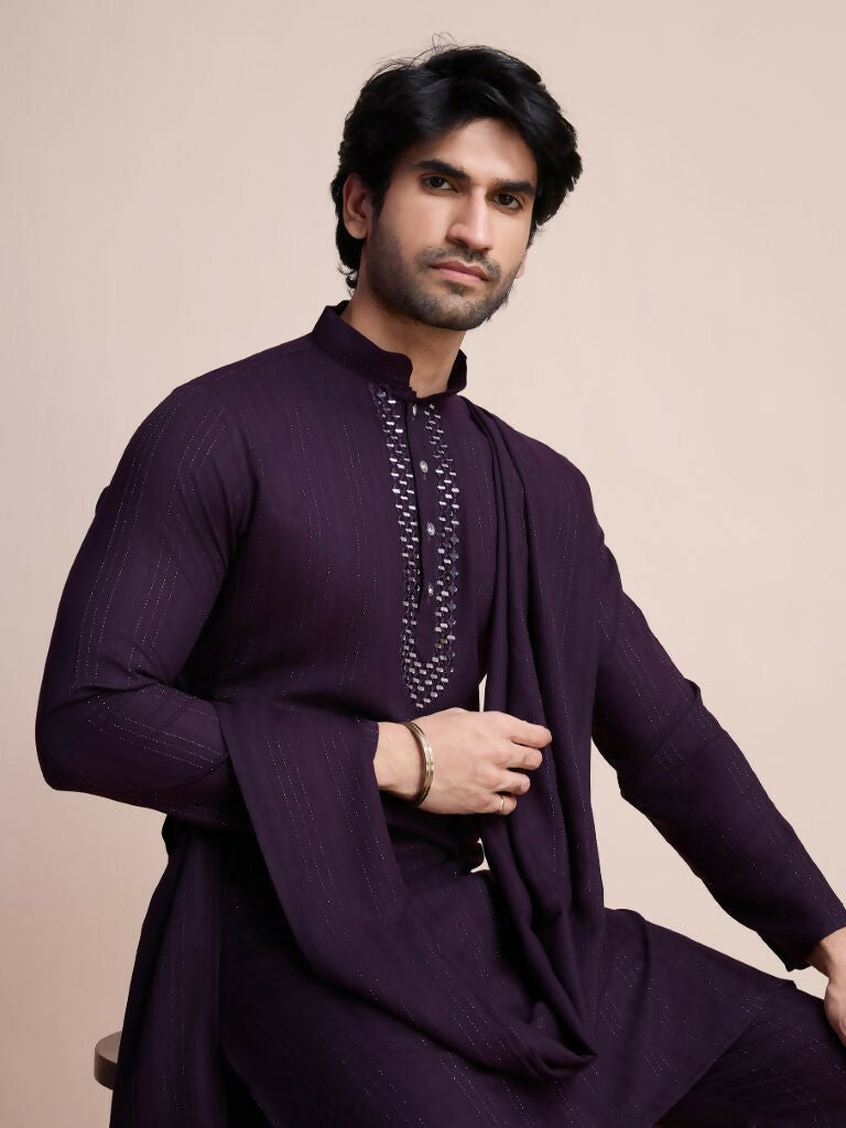 Vastranavya Traditional Festival Wear Viscose Thread & Sequence Embroidered Work Kurta Pant Set - Purple