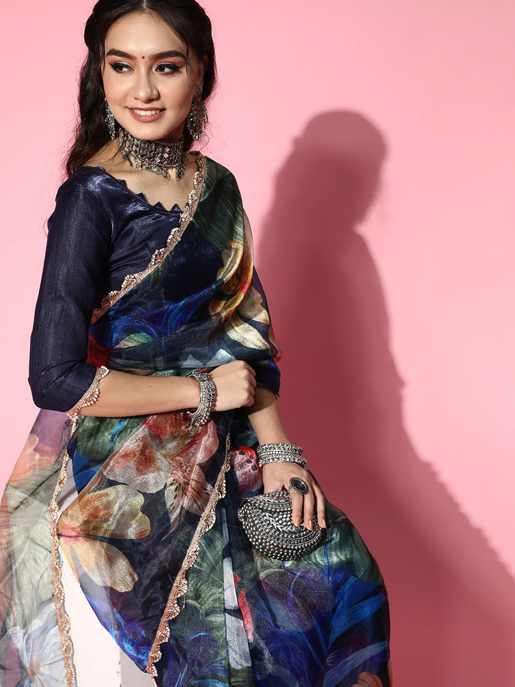 Tikhi Imli Navy Blue Saree with Zari border