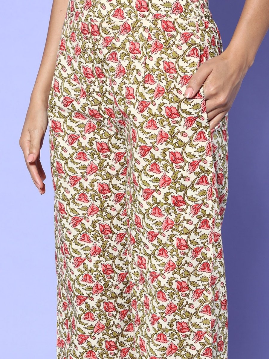 All About You Cream-Coloured Floral Printed Pure Cotton Kurta With Trousers