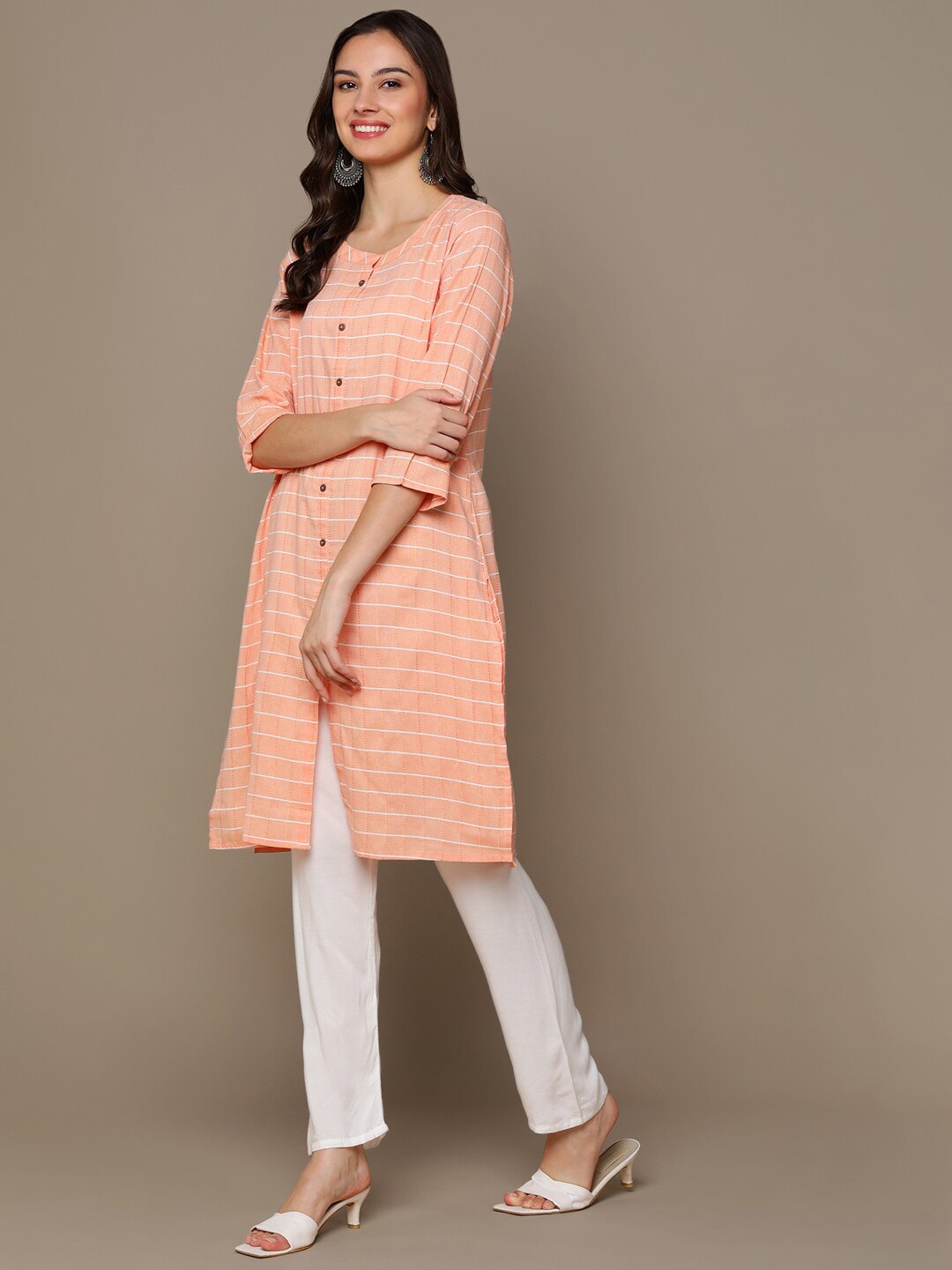 HERE&NOW Orange & White Checked Straight Kurta