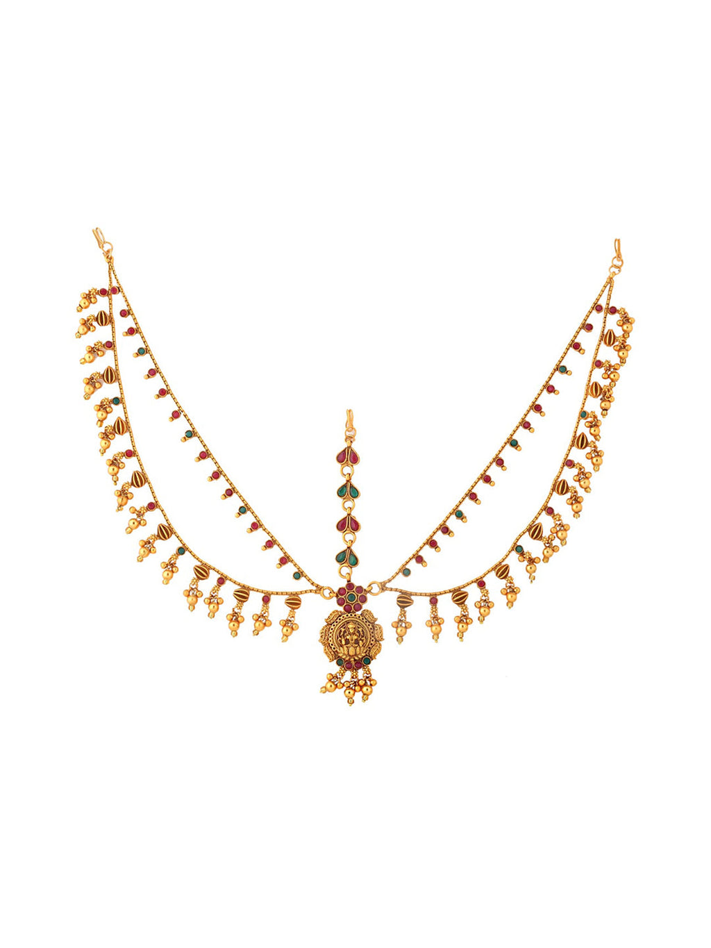 Yellow Chimes Gold-Polished Pink & Green Stone Studded Ghungroo Beaded Mathapatti