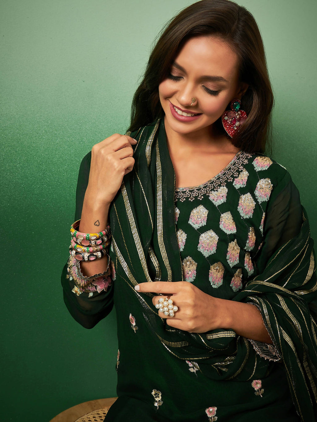 Green Georgette Handwork Unstitched Dress Material - Hanika
