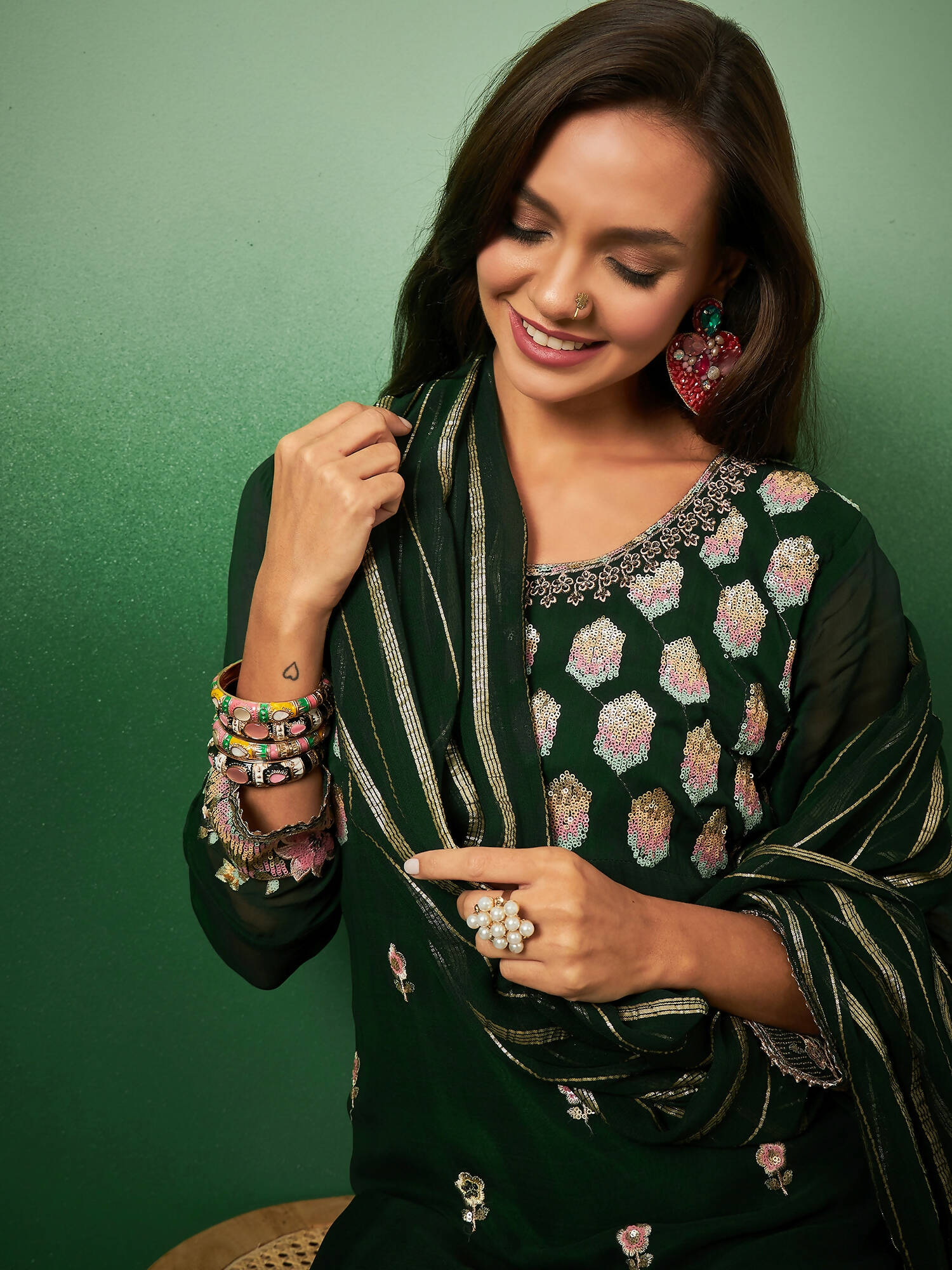 Green Georgette Handwork Unstitched Dress Material - Hanika
