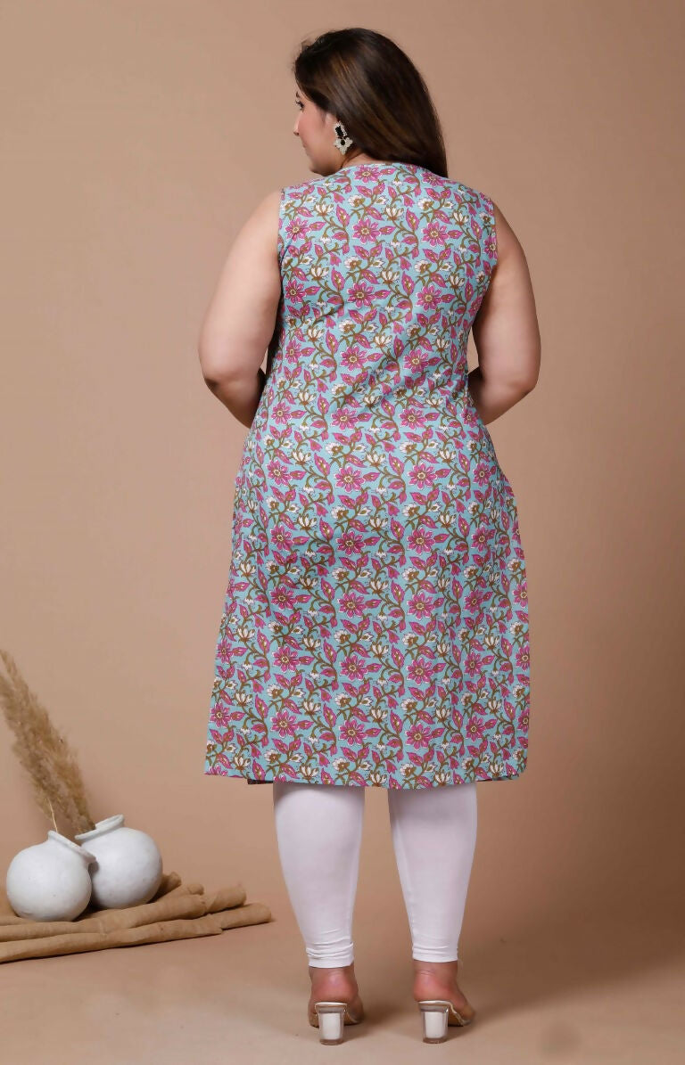Miravan Women's Plus Size Blue Floral Printed Sleeveless Straight Kurta
