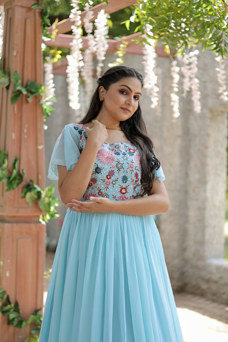 Jyoti Fashion Women's Sky Blue Sequins Thread Embroidery Faux Georgette Anarkali Dress