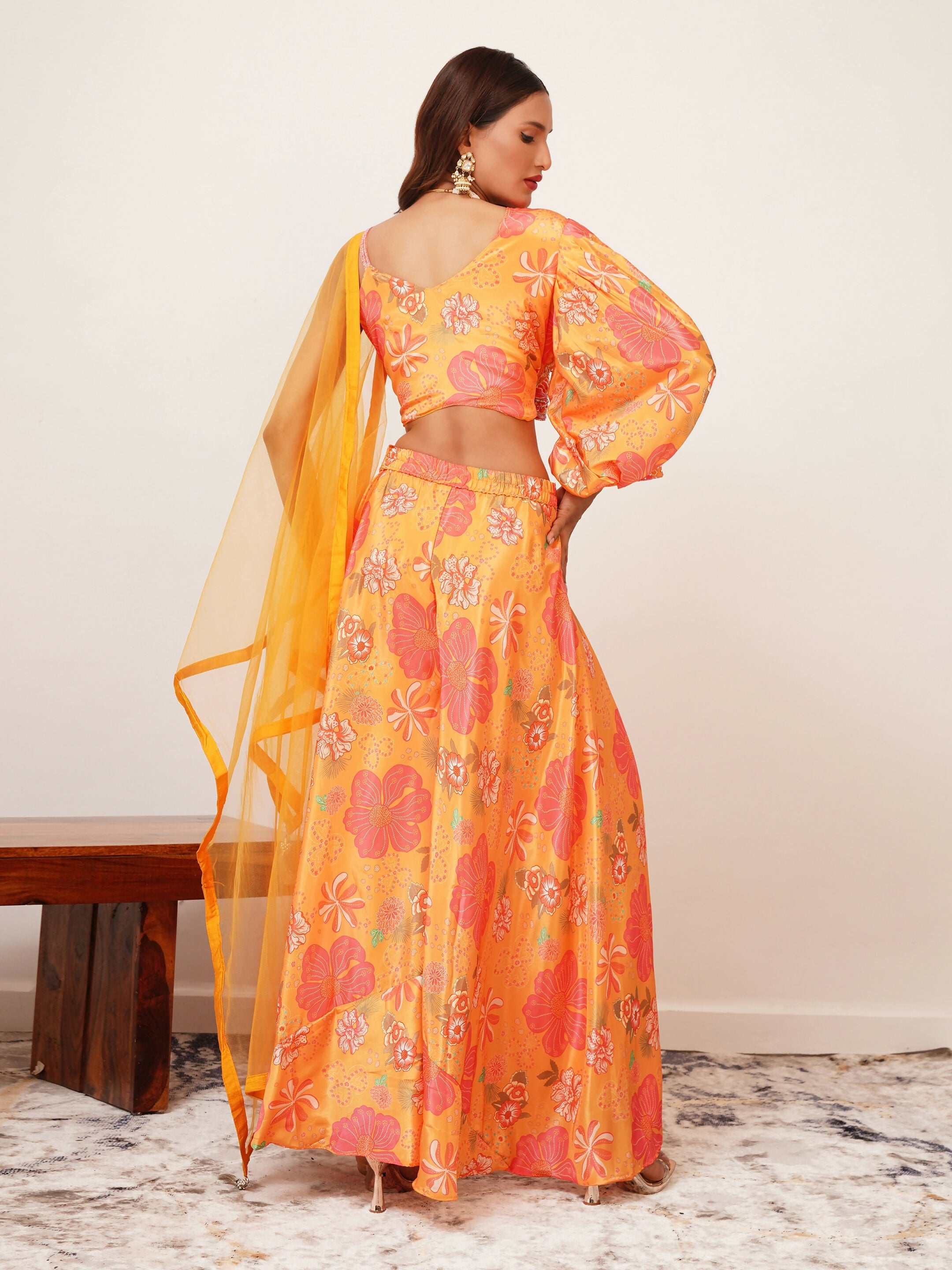 Orange Digital Chinon Handwork Top with Palazzo & Dupatta - Naomika