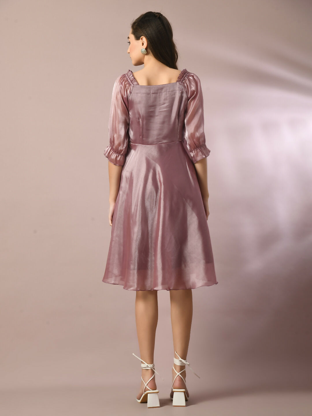 Myshka Women's Brown Solid Square Neck Fit and Flare Party Dress