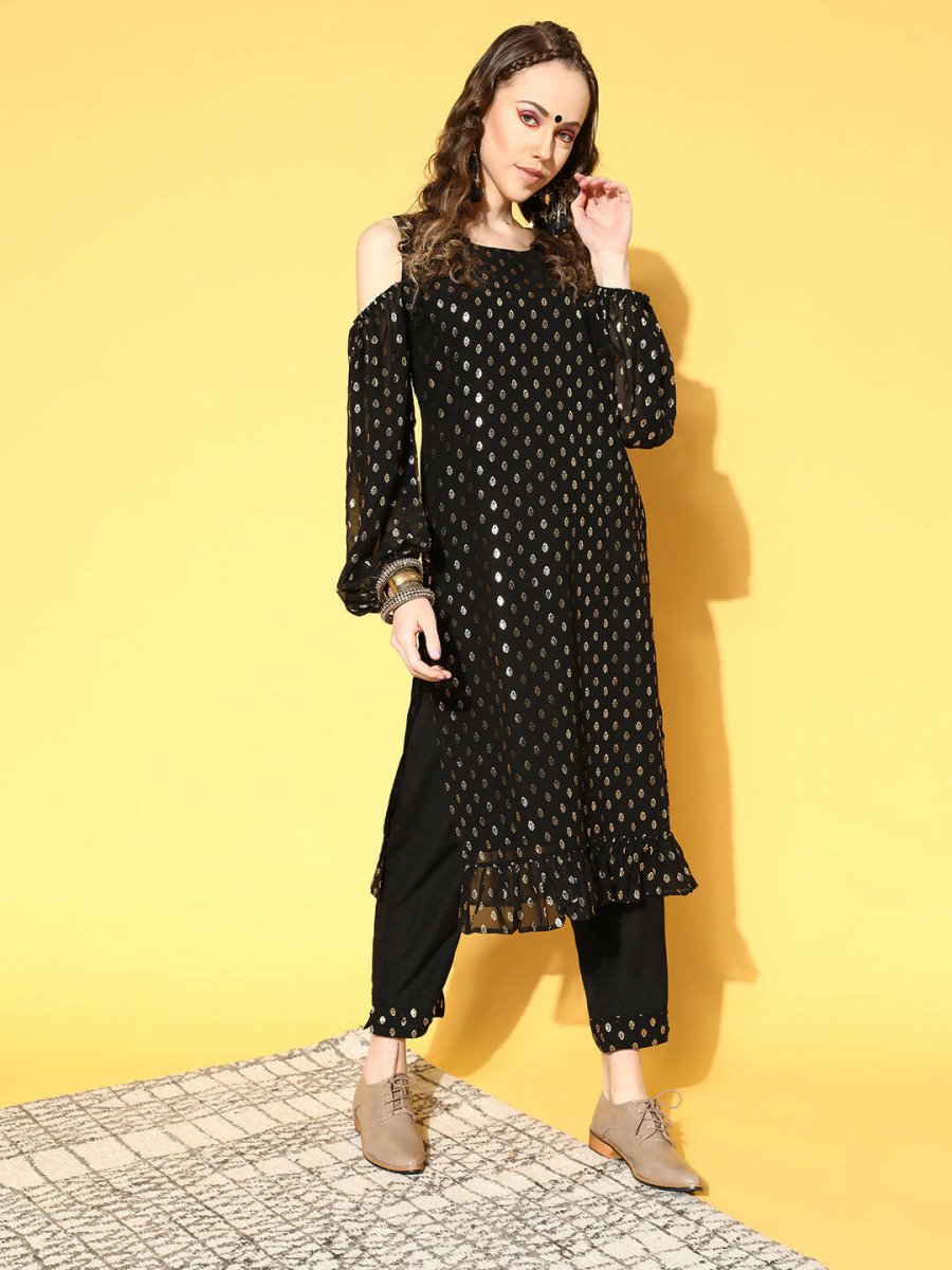 Ahalyaa Women Black Colour Georgette Gold Foil Printed Kurta Pant Set