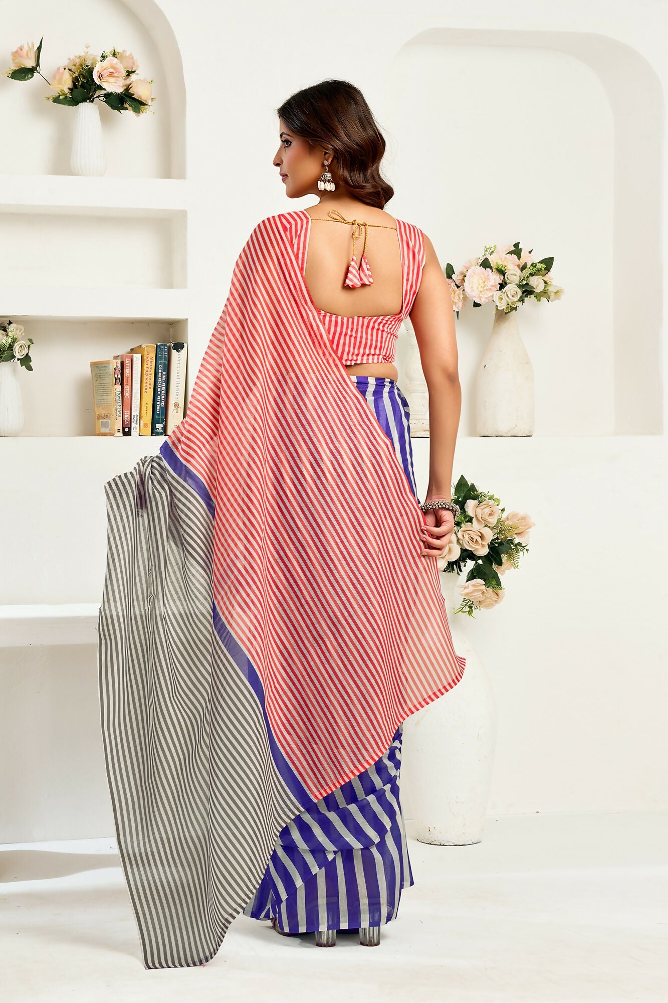 Vastranavya Royal Blue Digital Printed Linen Ready To Wear Designer Saree with Unstitched Blouse