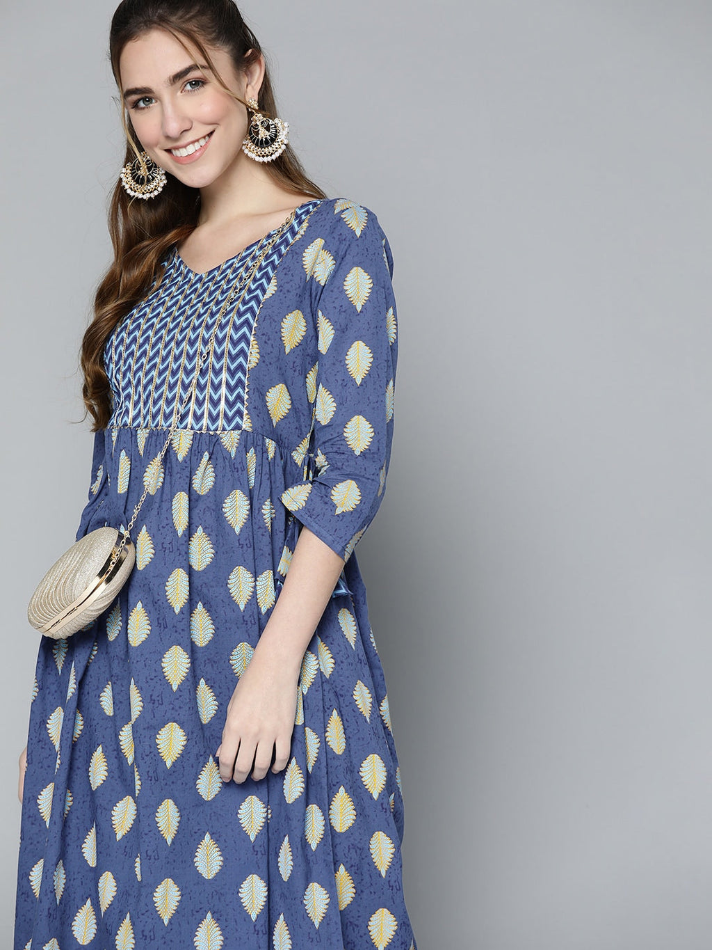HERE&NOW Women Navy Blue & Mustard Yellow Ethnic Printed Gotta Patti Pure Cotton Kurta