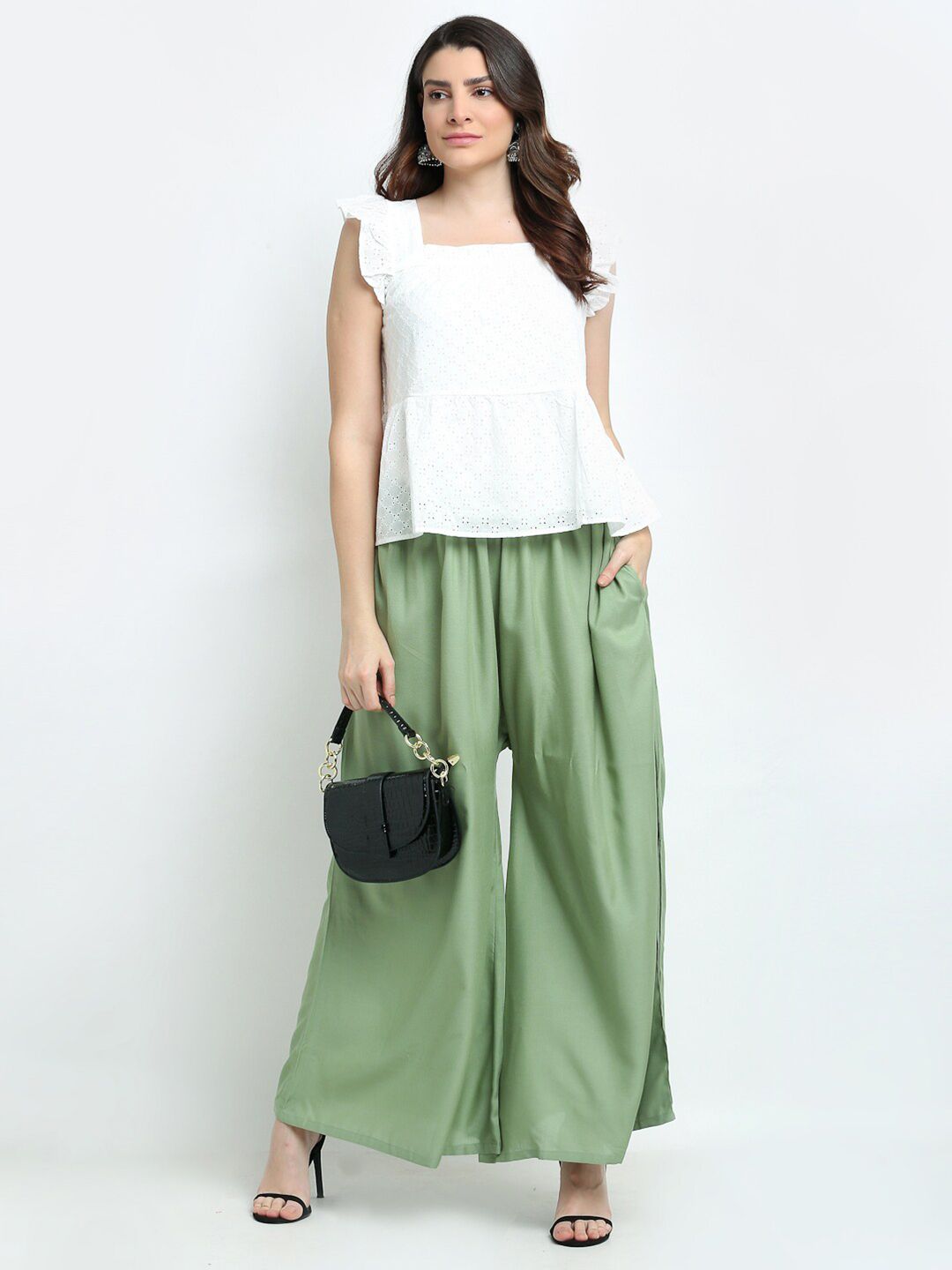 TAG 7 Women Sage Green Solid Flared Fit Ethnic Palazzos
