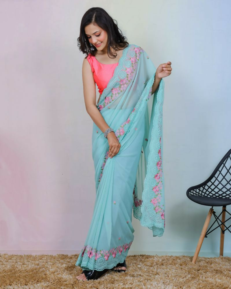 Vamsee Rashmika Blue Georgette Saree