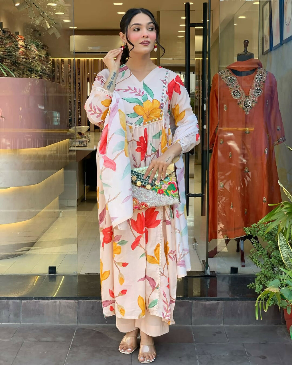 The52 Peach Women's Gorgeous Cotton Fabric Printed Work Straight Kurta Pant and Dupatta Set