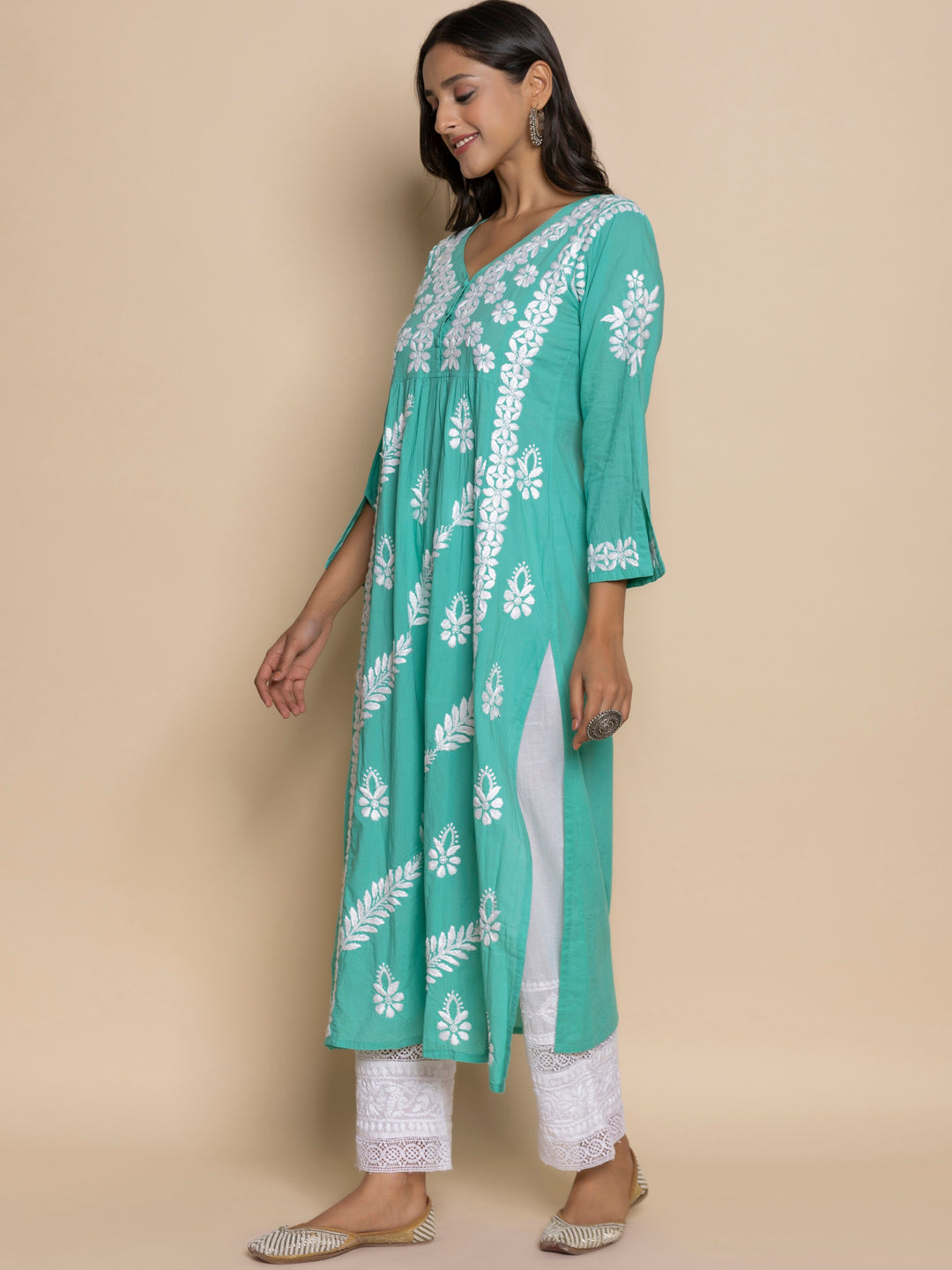 HOUSE OF KARI Floral Embroidered Chikankari Cotton A-Line Kurta