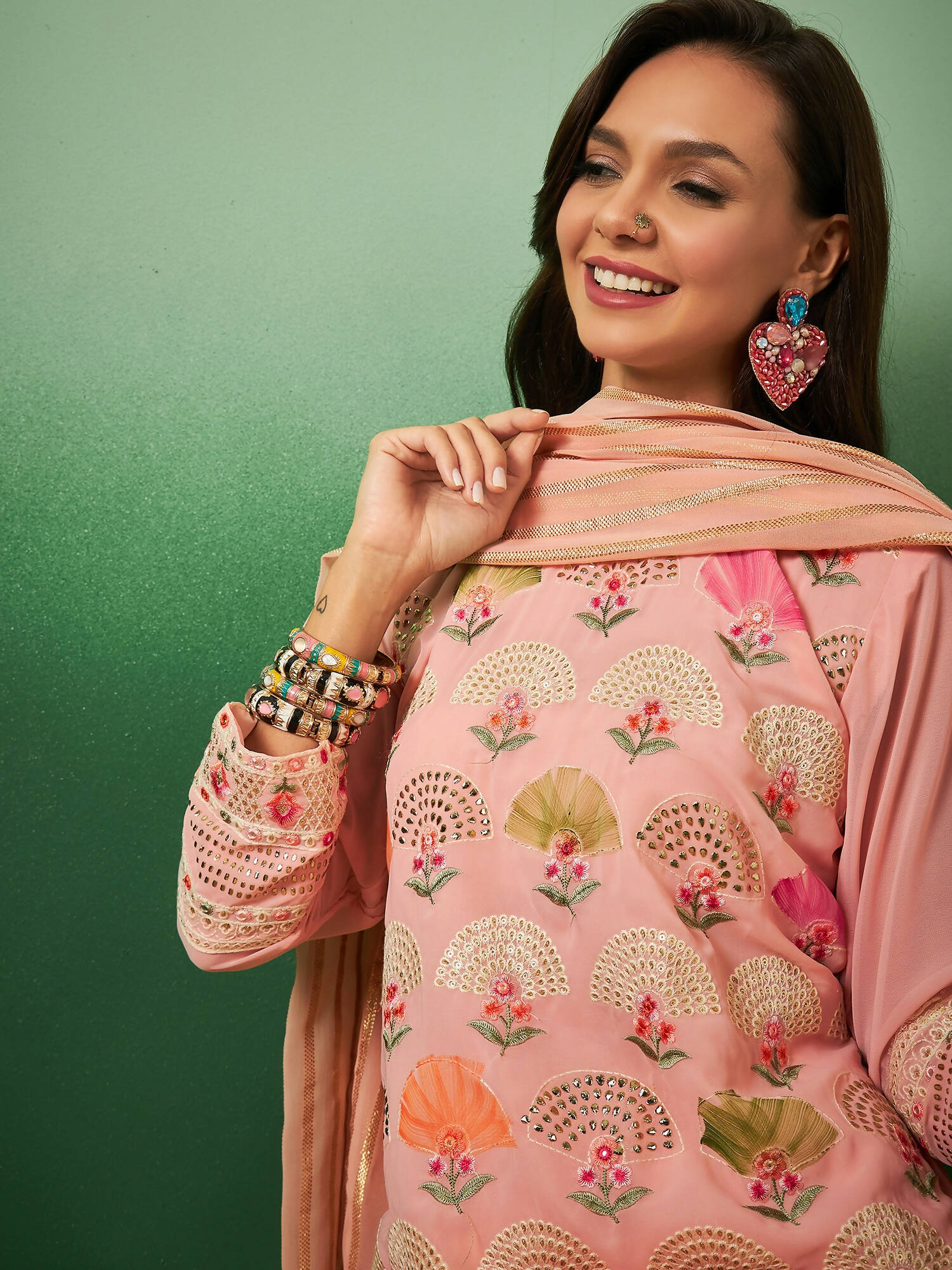 Peach Georgette Handwork Unstitched Dress Material - Hanika