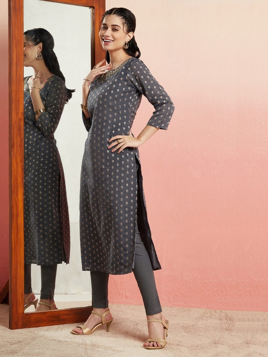 Aks Ethnic Motifs Woven Design Mirror Work Chanderi Silk Kurta