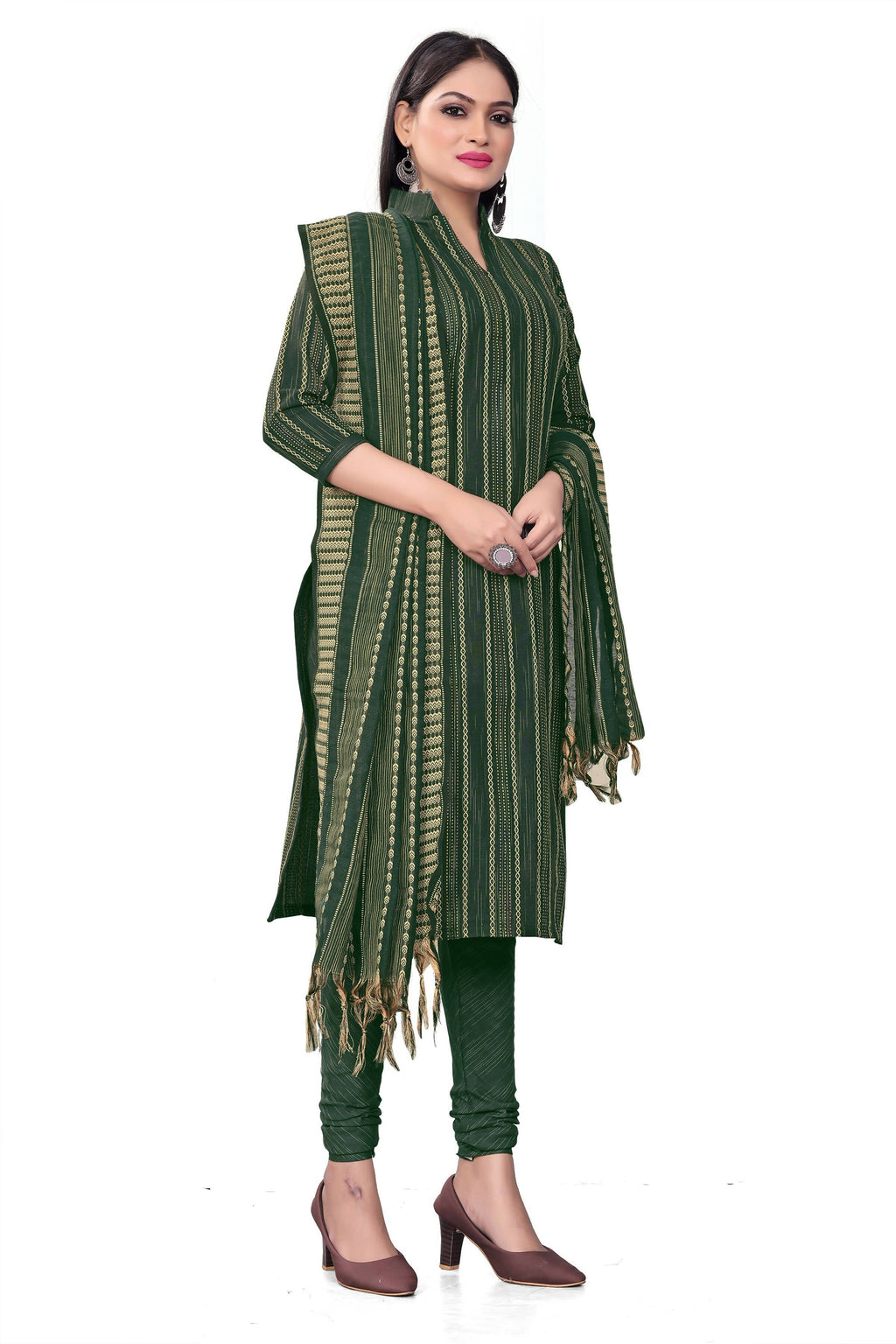 Green Cotton Jacquard Woven Unstitched Dress Material - Tanvi