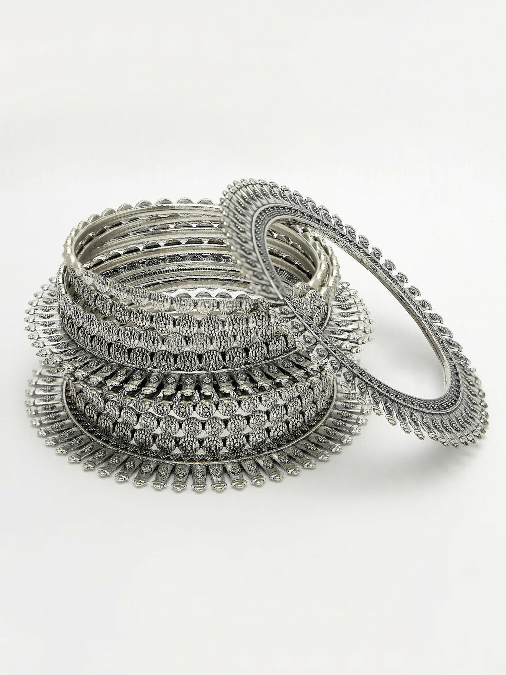 NVR Women's Set of 6 Silver-Toned German Silver Oxidised Bangles