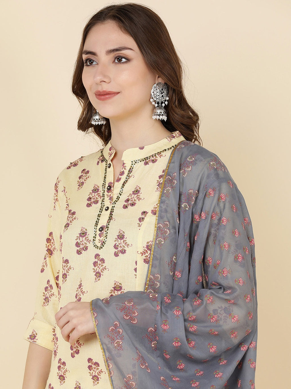 HERE&NOW Women Mustard Yellow Ethnic Motifs Printed Kurta with Trousers & With Dupatta