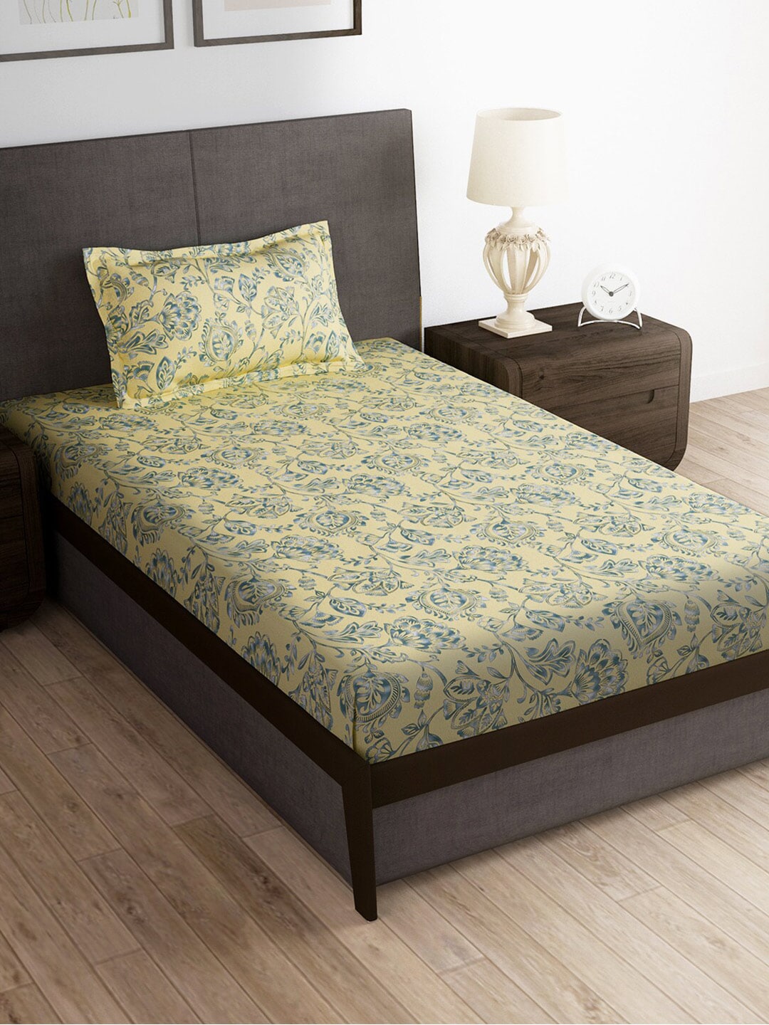 Story@home Cream-Coloured & Grey Floral Microfiber 180 TC Bedsheet & Pillow Cover