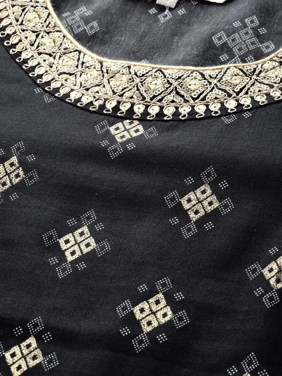 All About You Women Black & Golden Printed Sequinned Kurta with Trousers