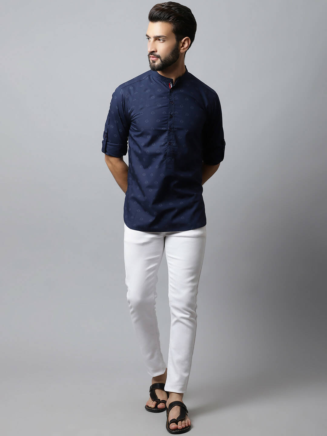 Even Apparels Navy blue Color Pure Cotton Men's Kurta With Band Collar (PRT1184)