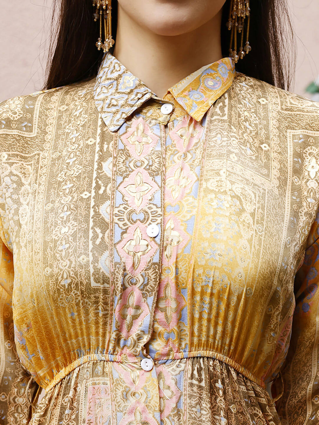 Mustard Crepe Foil Printed Long Dress - Michan