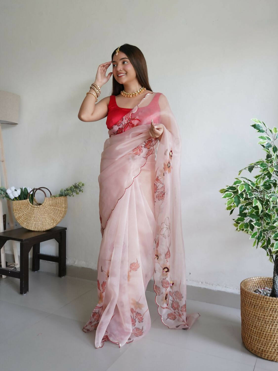 Vamsee Peach Organza Saree