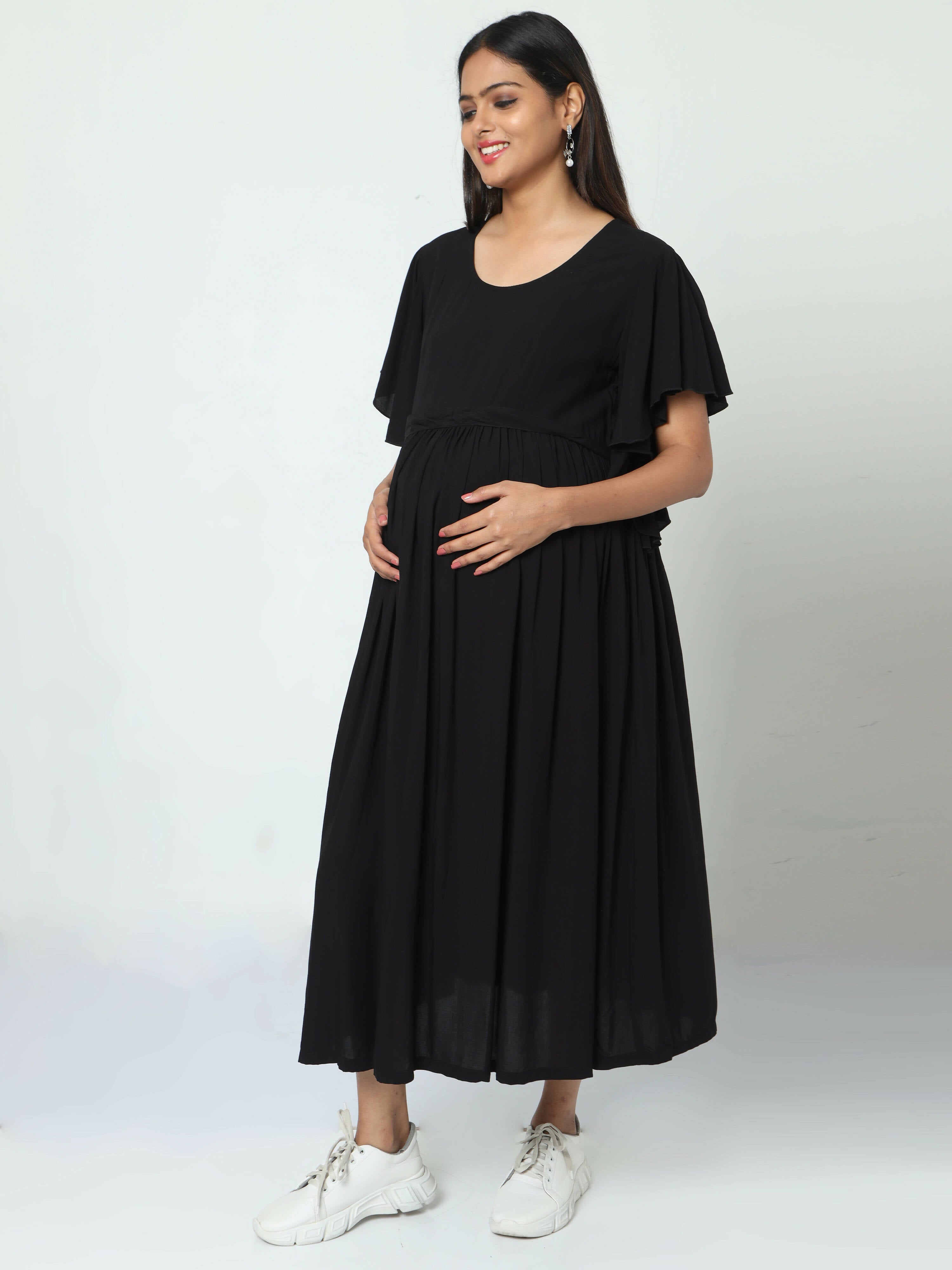 Manet Maternity Frill Slevee Solid Dress With Concealed Zipper Nursing Access - Black