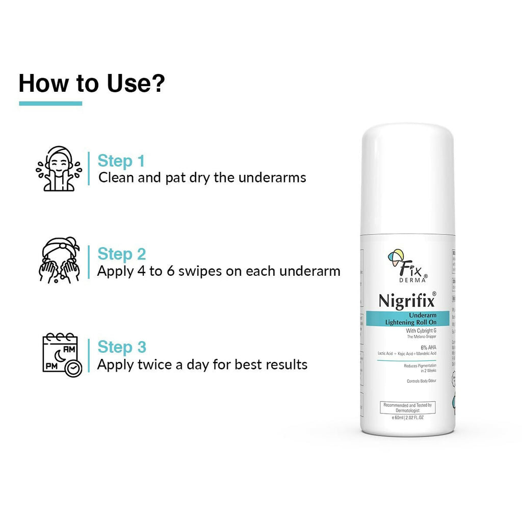 Fixderma Nigrifix Underarm Lightening Roll on with 6% AHA, Lactic Acid & 1% Mandelic Acid, Brightens Skin & Exfoliates Underarm