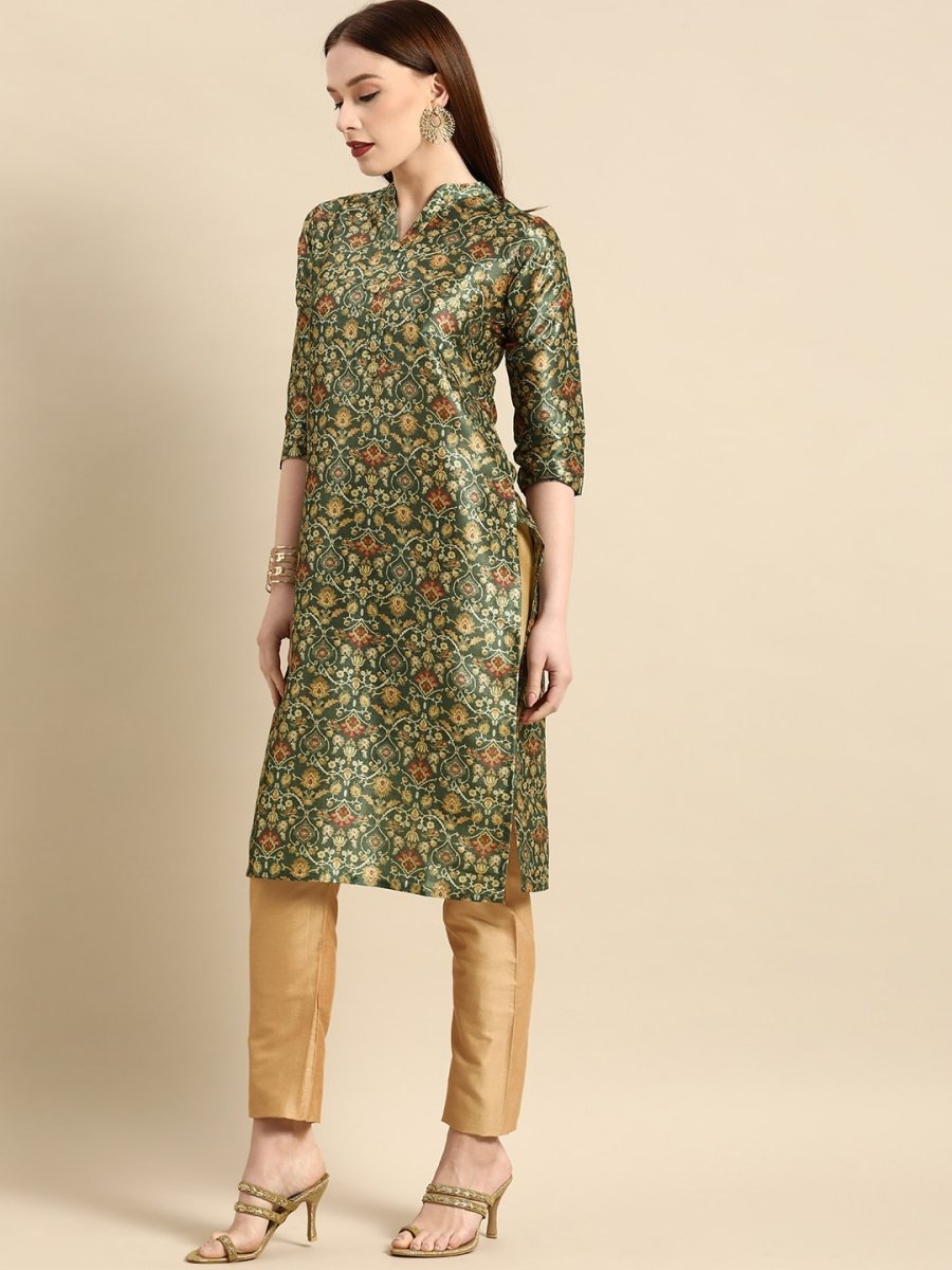 All About You Women Green & Mustard Yellow Ethnic Motifs Print Chanderi Silk Blend Kurta