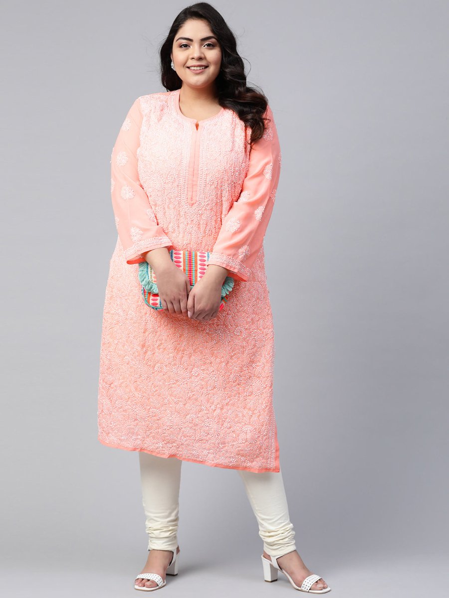 ADA Ada Women Plus Size Peach-Coloured & White Ethnic Motifs Chikankari Georgette Handloom Kurta