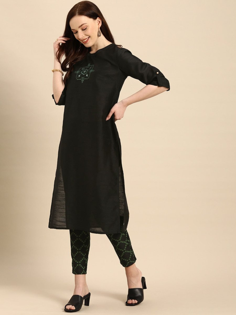 All About You Women Black & Green Embroidered Kurta with Trousers