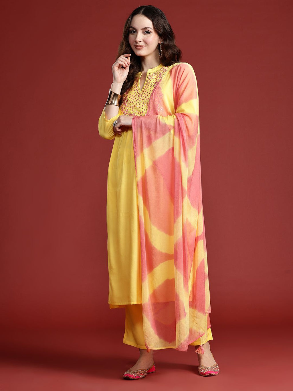 Indo Era Women Embroidered Panelled Mirror Work Pure Cotton Kurta with Trousers & Dupatta
