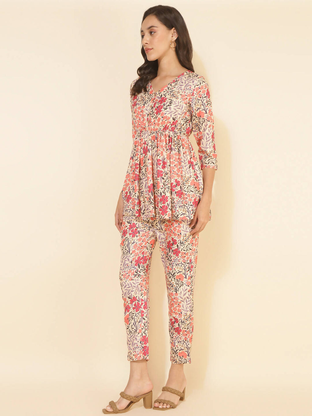 Janasya Women's Multicolor Moss Floral Printed Casual Flared Co-ords