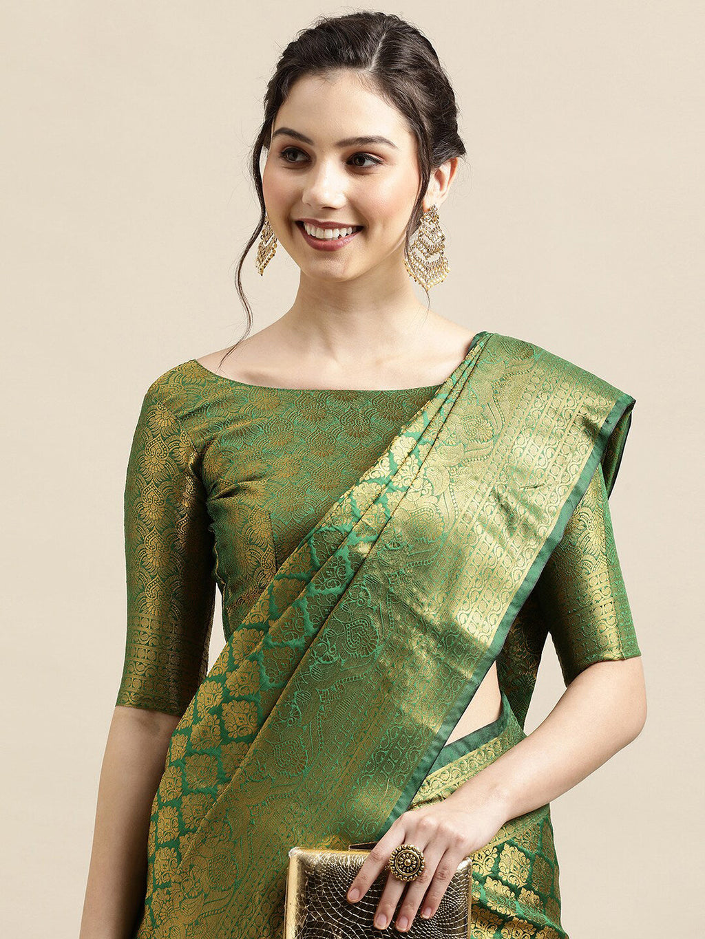 Saree Mall Green & Gold-Toned Woven Design Zari Silk Blend Banarasi Saree