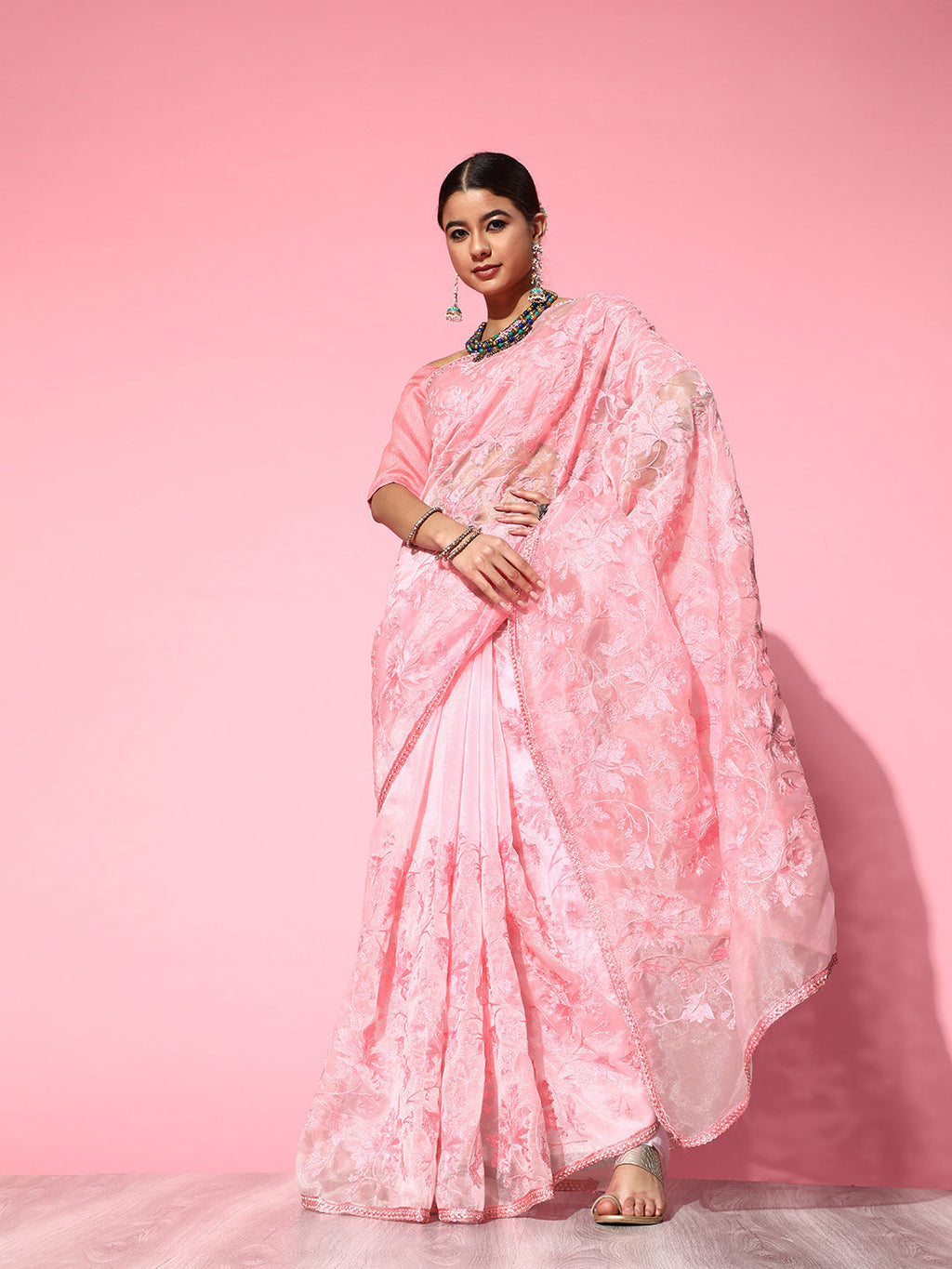 Saree Mall Pink Floral Embroidered Organza Saree