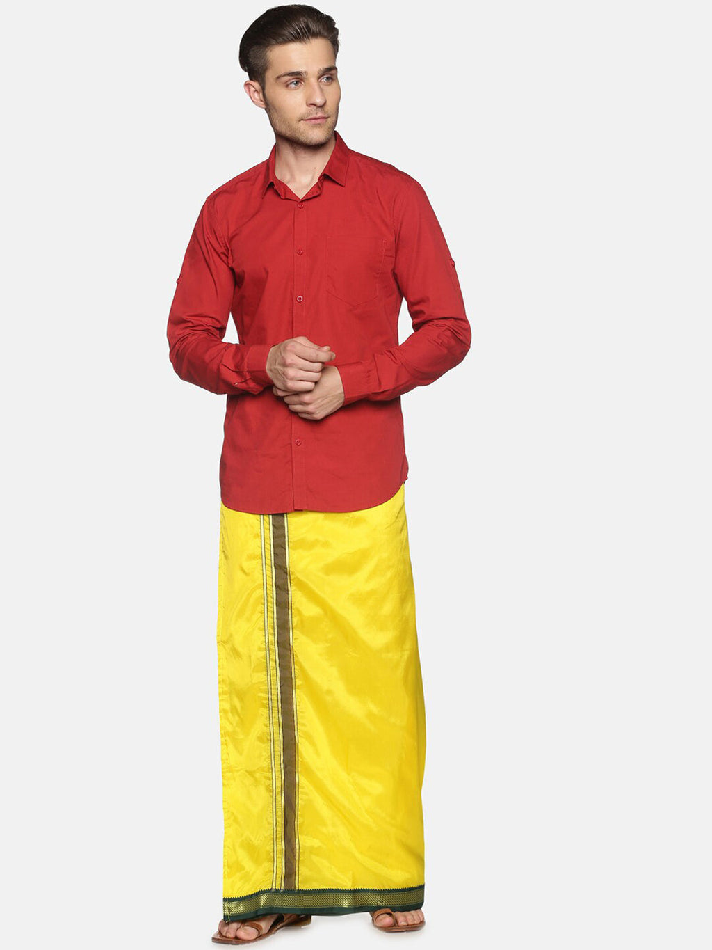 Sethukrishna Men Yellow & Green Solid Readymade Veshti Dhoti